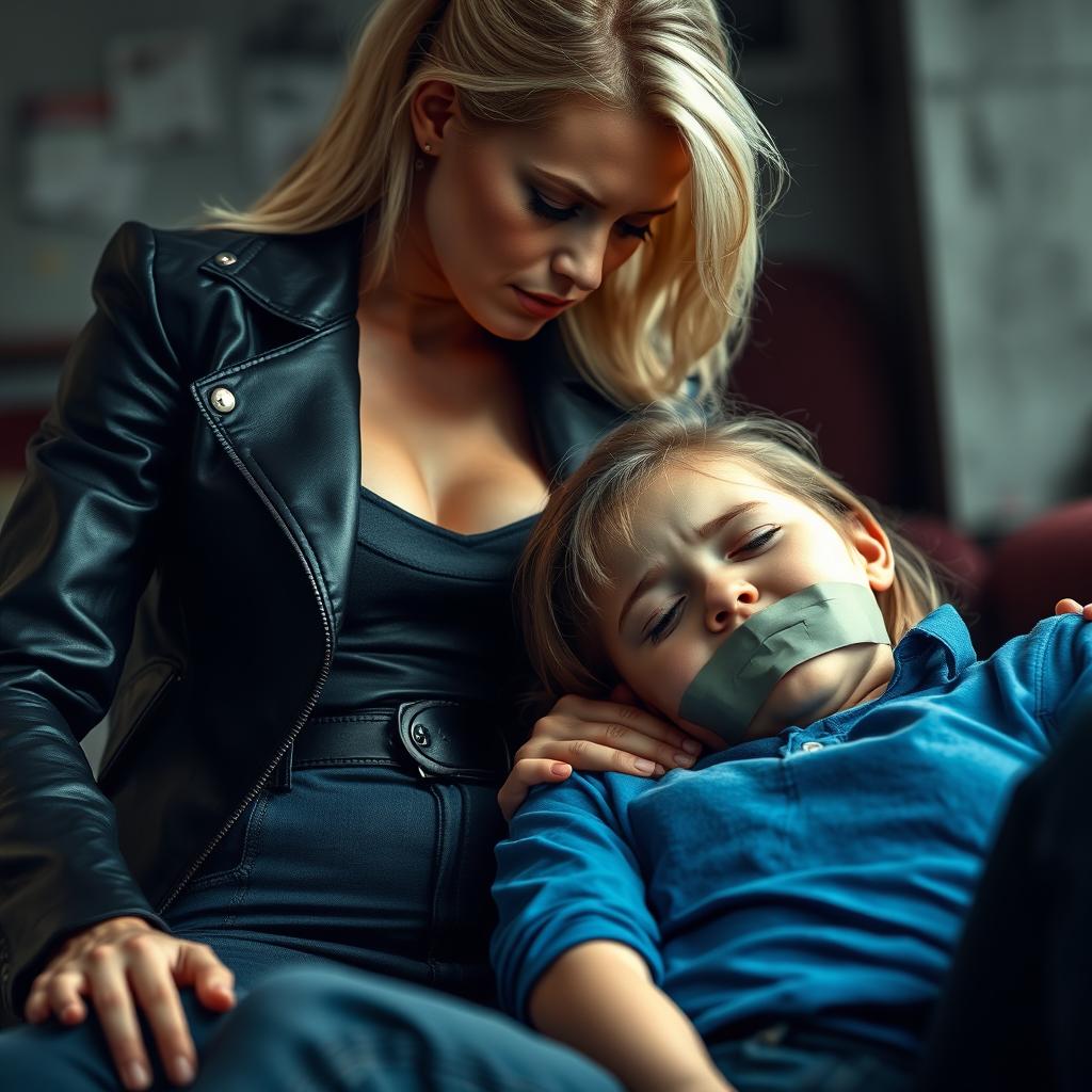 A dramatic scene depicting a blonde woman with an ambitious demeanor, dressed in high-waisted tight jeans and a sleek black leather jacket, as she naps a girl wearing a blue shirt