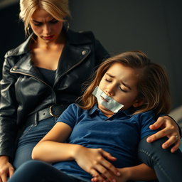 A dramatic scene depicting a blonde woman with an ambitious demeanor, dressed in high-waisted tight jeans and a sleek black leather jacket, as she naps a girl wearing a blue shirt