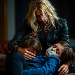 A dramatic scene depicting a blonde woman with an ambitious demeanor, dressed in high-waisted tight jeans and a sleek black leather jacket, as she naps a girl wearing a blue shirt