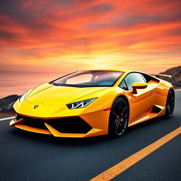 A sleek and powerful Lamborghini sports car, featuring a bold aerodynamic design, glistening in a vibrant yellow color