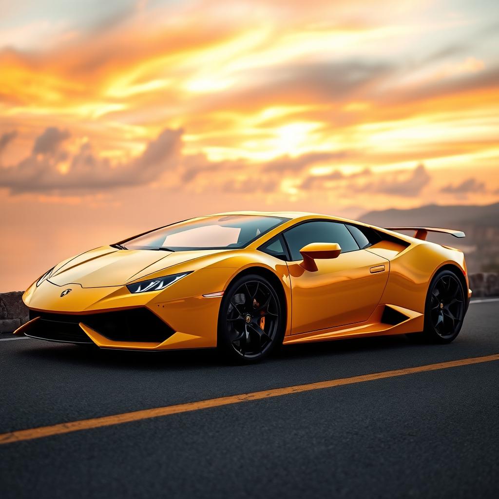A sleek and powerful Lamborghini sports car, featuring a bold aerodynamic design, glistening in a vibrant yellow color