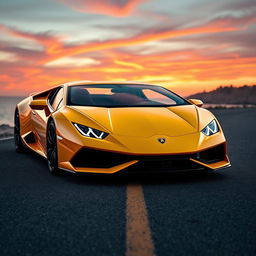 A sleek and powerful Lamborghini sports car, featuring a bold aerodynamic design, glistening in a vibrant yellow color