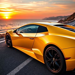 A sleek and powerful Lamborghini sports car, featuring a bold aerodynamic design, glistening in a vibrant yellow color