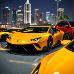A collection of stunning Lamborghini sports cars parked in a luxurious environment, showcasing their sleek designs and vibrant colors
