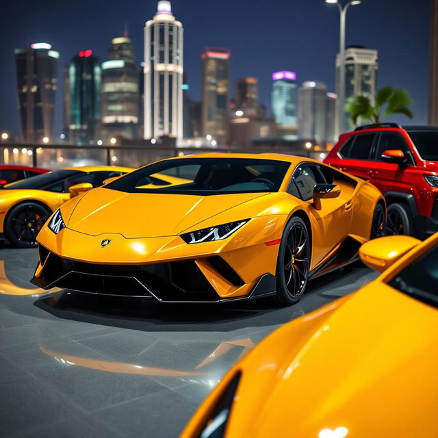 A collection of stunning Lamborghini sports cars parked in a luxurious environment, showcasing their sleek designs and vibrant colors