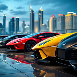 A collection of stunning Lamborghini sports cars parked in a luxurious environment, showcasing their sleek designs and vibrant colors