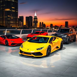 A collection of stunning Lamborghini sports cars parked in a luxurious environment, showcasing their sleek designs and vibrant colors