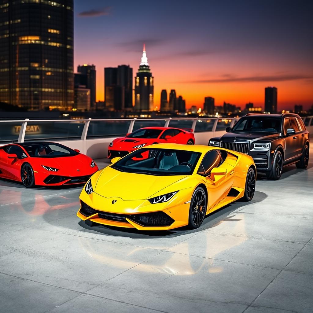 A collection of stunning Lamborghini sports cars parked in a luxurious environment, showcasing their sleek designs and vibrant colors