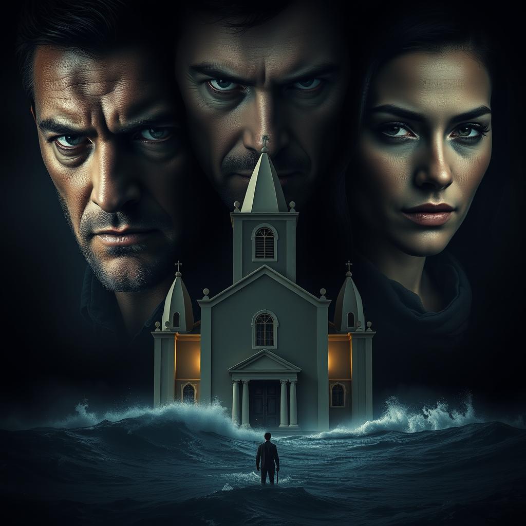 A dramatic and cinematic scene featuring three human figures: two men and one woman