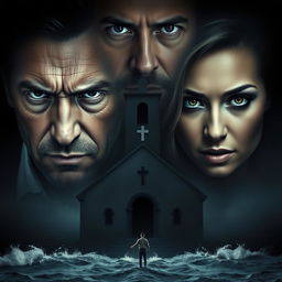 A dramatic and cinematic scene featuring three human figures: two men and one woman