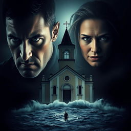 A dramatic and cinematic scene featuring three human figures: two men and one woman