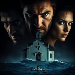 A dramatic and cinematic scene featuring three human figures: two men and one woman