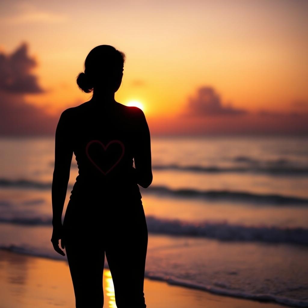 A silhouette of a woman standing in a contemplative posture, with a heart symbol subtly integrated into her shadow, symbolizing her desire for authenticity and self-discovery