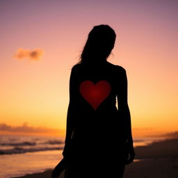 A silhouette of a woman standing in a contemplative posture, with a heart symbol subtly integrated into her shadow, symbolizing her desire for authenticity and self-discovery
