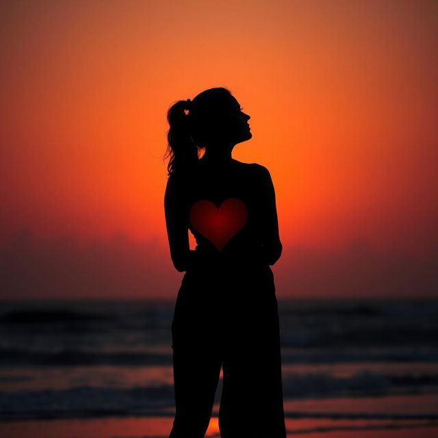 A silhouette of a woman standing in a contemplative posture, with a heart symbol subtly integrated into her shadow, symbolizing her desire for authenticity and self-discovery