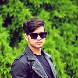 A stylish person wearing black sunglasses and a sleek black jacket, standing confidently against a lush green background