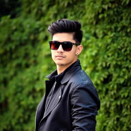 A stylish person wearing black sunglasses and a sleek black jacket, standing confidently against a lush green background