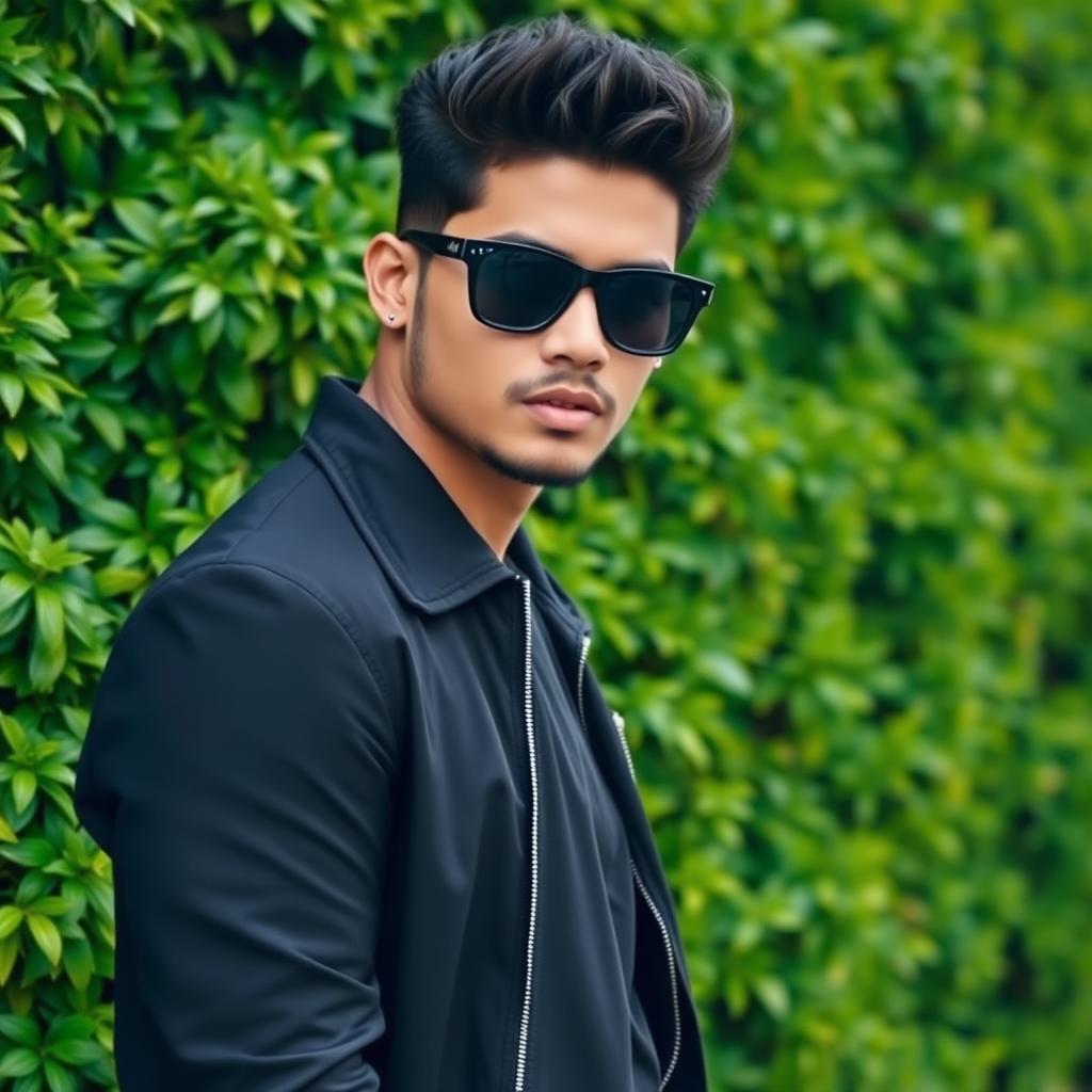A stylish person wearing black sunglasses and a sleek black jacket, standing confidently against a lush green background