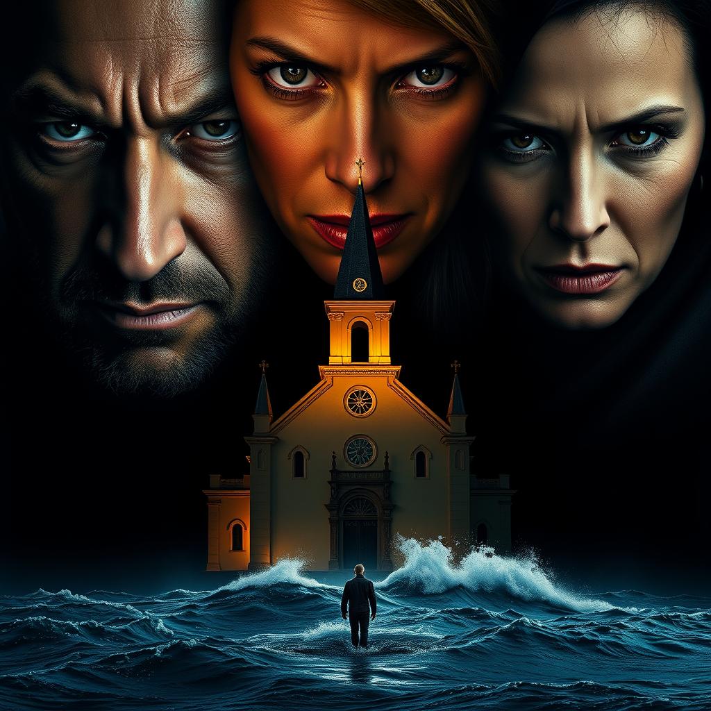 A dramatic cinematic composition featuring three human figures: two men and one woman