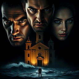 A dramatic cinematic composition featuring three human figures: two men and one woman