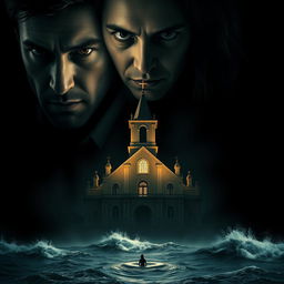 A dramatic cinematic composition featuring three human figures: two men and one woman