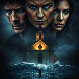 A dramatic cinematic composition featuring three human figures: two men and one woman