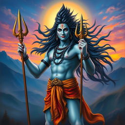 A majestic depiction of Lord Shiva standing in a powerful pose, holding a trishul (trident) in one hand, with his hair flowing open and wildly around him