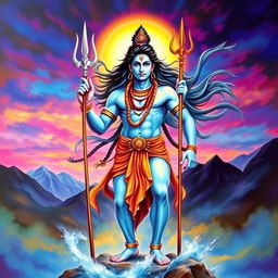 A majestic depiction of Lord Shiva standing in a powerful pose, holding a trishul (trident) in one hand, with his hair flowing open and wildly around him