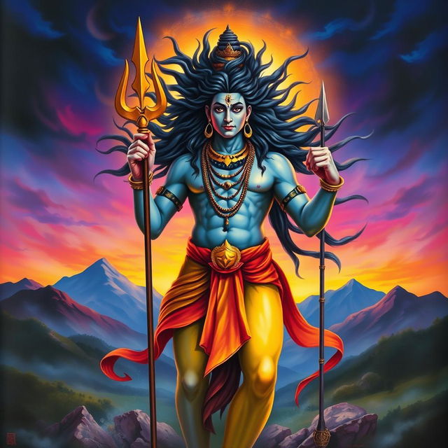 A majestic depiction of Lord Shiva standing in a powerful pose, holding a trishul (trident) in one hand, with his hair flowing open and wildly around him