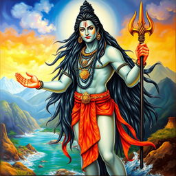 A majestic depiction of Lord Shiva standing confidently with an open hand and holding a trishul in the other hand