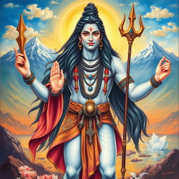 A majestic depiction of Lord Shiva standing confidently with an open hand and holding a trishul in the other hand