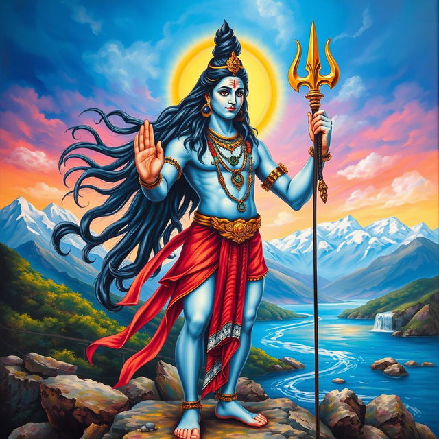 A majestic depiction of Lord Shiva standing confidently with an open hand and holding a trishul in the other hand