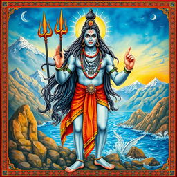 A majestic depiction of Lord Shiva standing confidently with an open hand and holding a trishul in the other hand