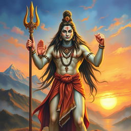A majestic representation of Lord Shiva standing in a powerful pose, holding a trishul in his right hand with open fingers, embodying strength and grace