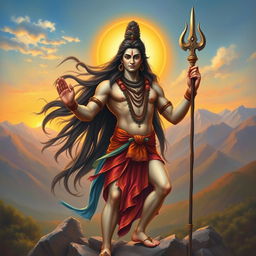 A majestic representation of Lord Shiva standing in a powerful pose, holding a trishul in his right hand with open fingers, embodying strength and grace