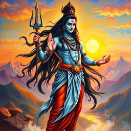 A majestic representation of Lord Shiva standing in a powerful pose, holding a trishul in his right hand with open fingers, embodying strength and grace