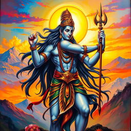 A majestic representation of Lord Shiva standing in a powerful pose, holding a trishul in his right hand with open fingers, embodying strength and grace
