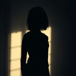A shadowy figure of an androgynous girl standing in a dimly lit room, her face obscured by shadows, reflecting a deep sense of confusion about her gender identity