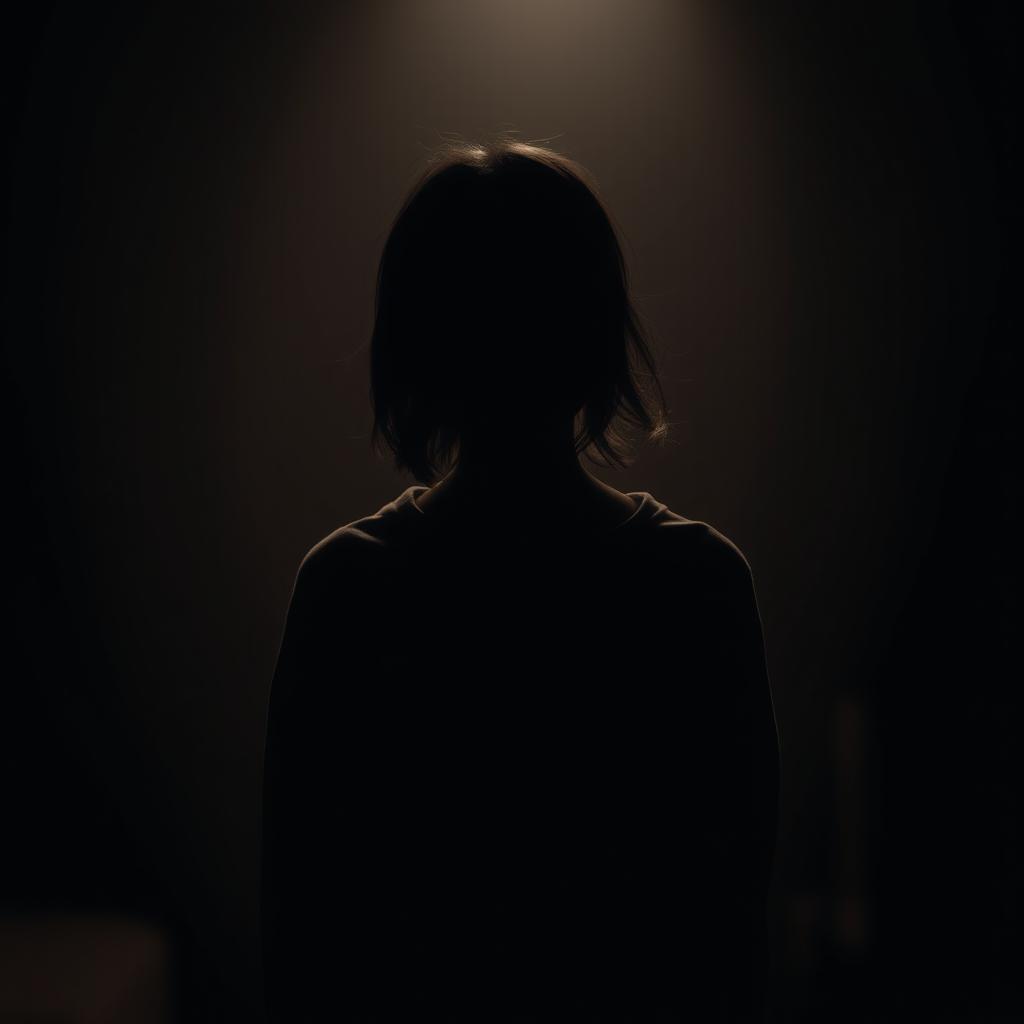 A shadowy figure of an androgynous girl standing in a dimly lit room, her face obscured by shadows, reflecting a deep sense of confusion about her gender identity