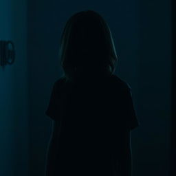 A shadowy figure of an androgynous girl standing in a dimly lit room, her face obscured by shadows, reflecting a deep sense of confusion about her gender identity