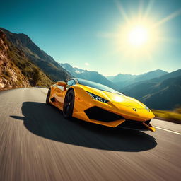 A stunning video capture of a sleek, shiny Lamborghini roaring down a winding mountain road