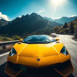 A stunning video capture of a sleek, shiny Lamborghini roaring down a winding mountain road