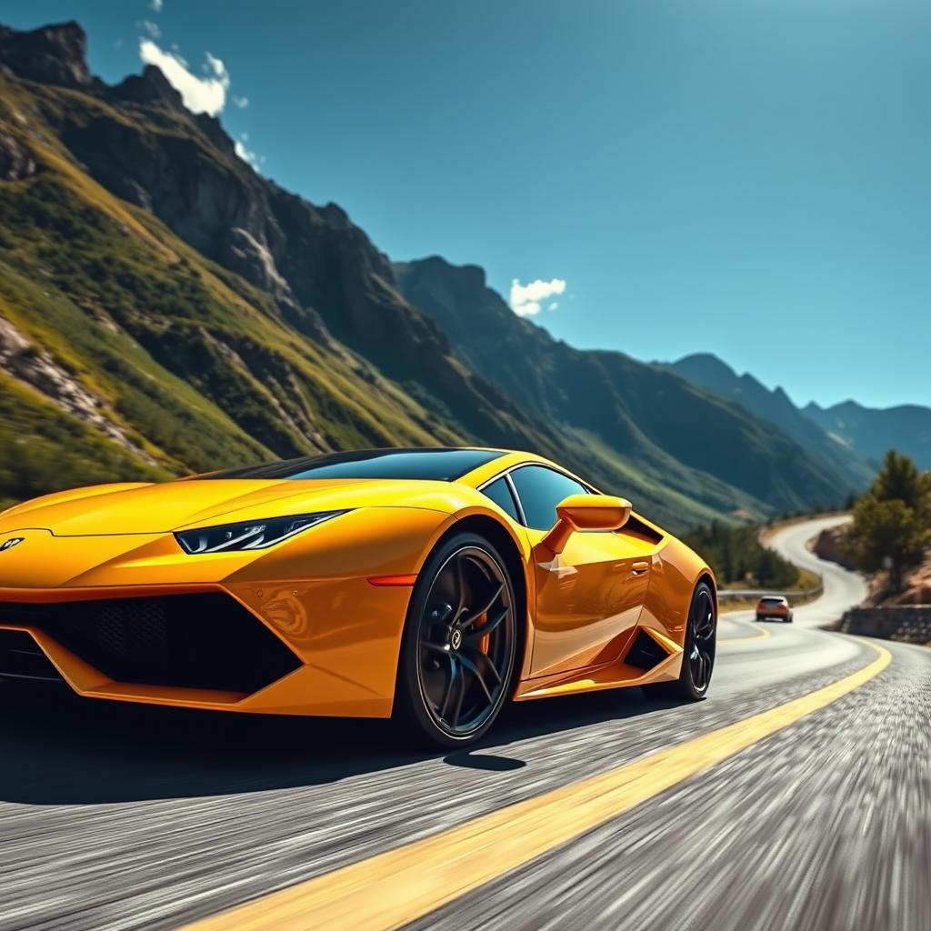 A stunning video capture of a sleek, shiny Lamborghini roaring down a winding mountain road