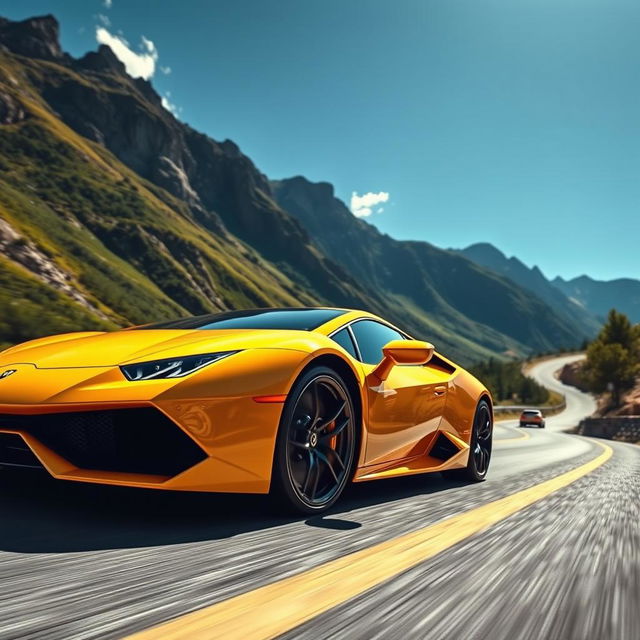 A stunning video capture of a sleek, shiny Lamborghini roaring down a winding mountain road