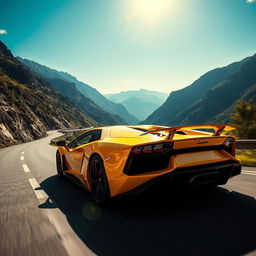 A stunning video capture of a sleek, shiny Lamborghini roaring down a winding mountain road