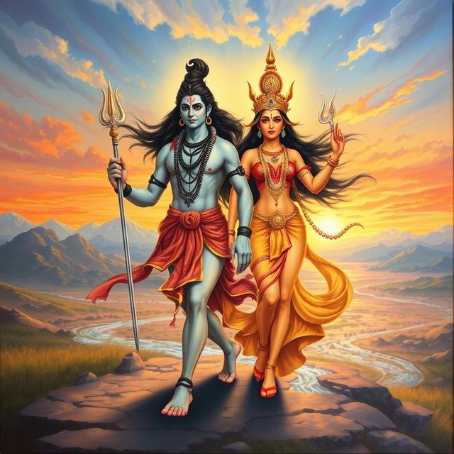 Lord Shiva walking gracefully with a majestic demeanor, his long hair flowing, adorned with sacred ash and a crescent moon on his head