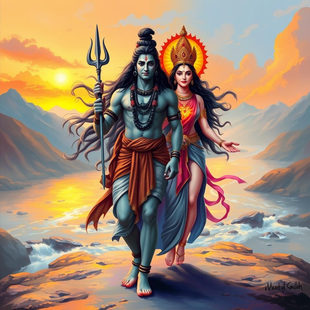 Lord Shiva walking gracefully with a majestic demeanor, his long hair flowing, adorned with sacred ash and a crescent moon on his head