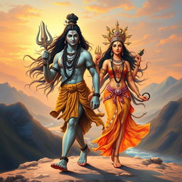 Lord Shiva walking gracefully with a majestic demeanor, his long hair flowing, adorned with sacred ash and a crescent moon on his head