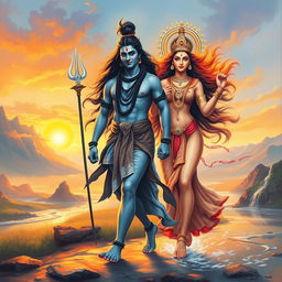Lord Shiva walking gracefully with a majestic demeanor, his long hair flowing, adorned with sacred ash and a crescent moon on his head