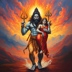 A vivid and dynamic painting of Mahadev Shiv, depicted as a powerful figure with a muscular build, walking through an ethereal landscape